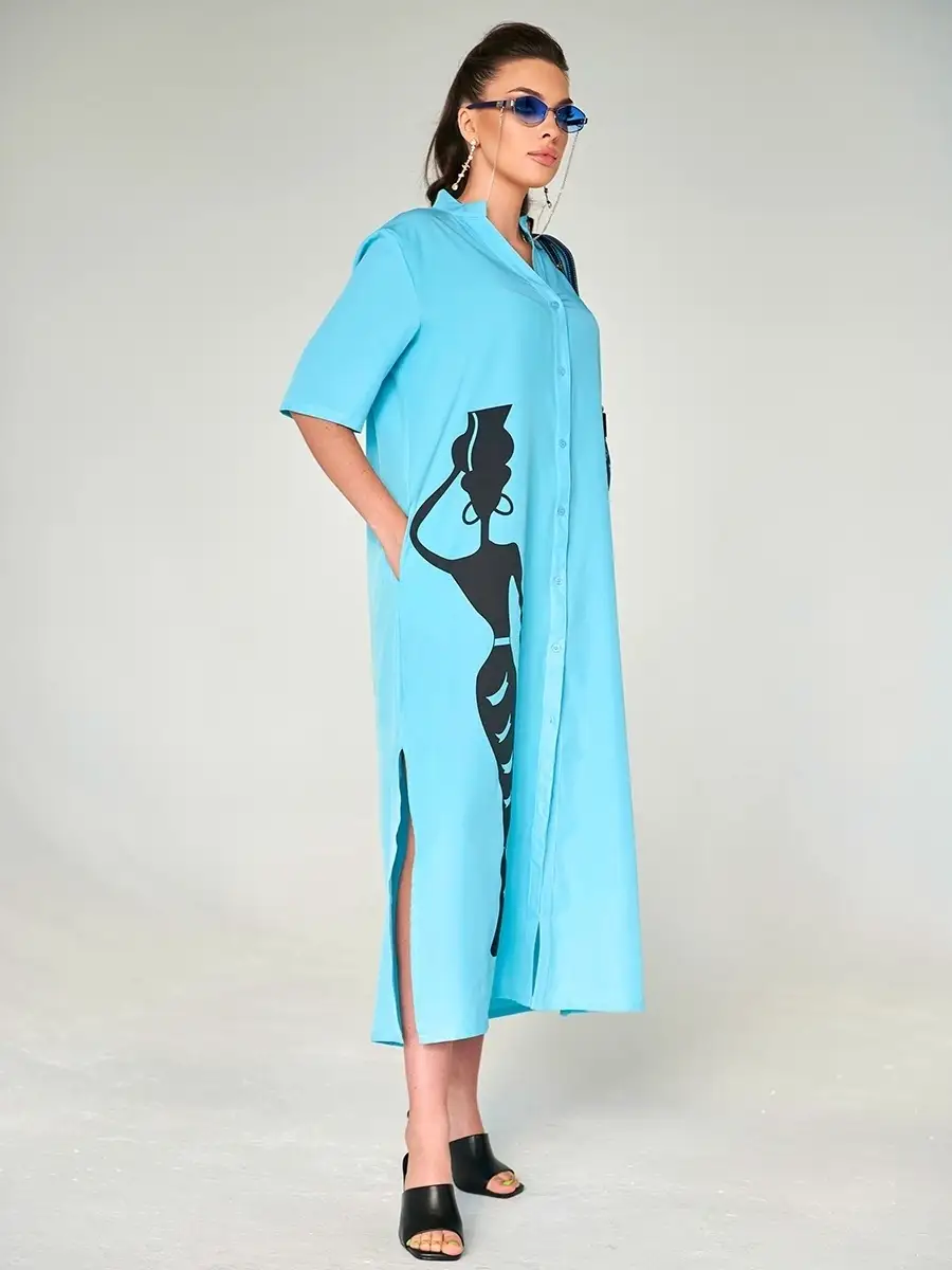 Голубое платье рубашка летнее женское