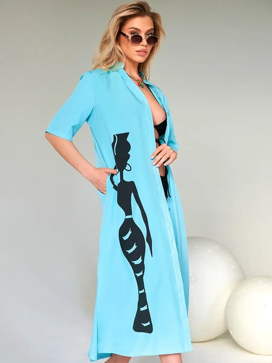 Голубое платье рубашка летнее женское