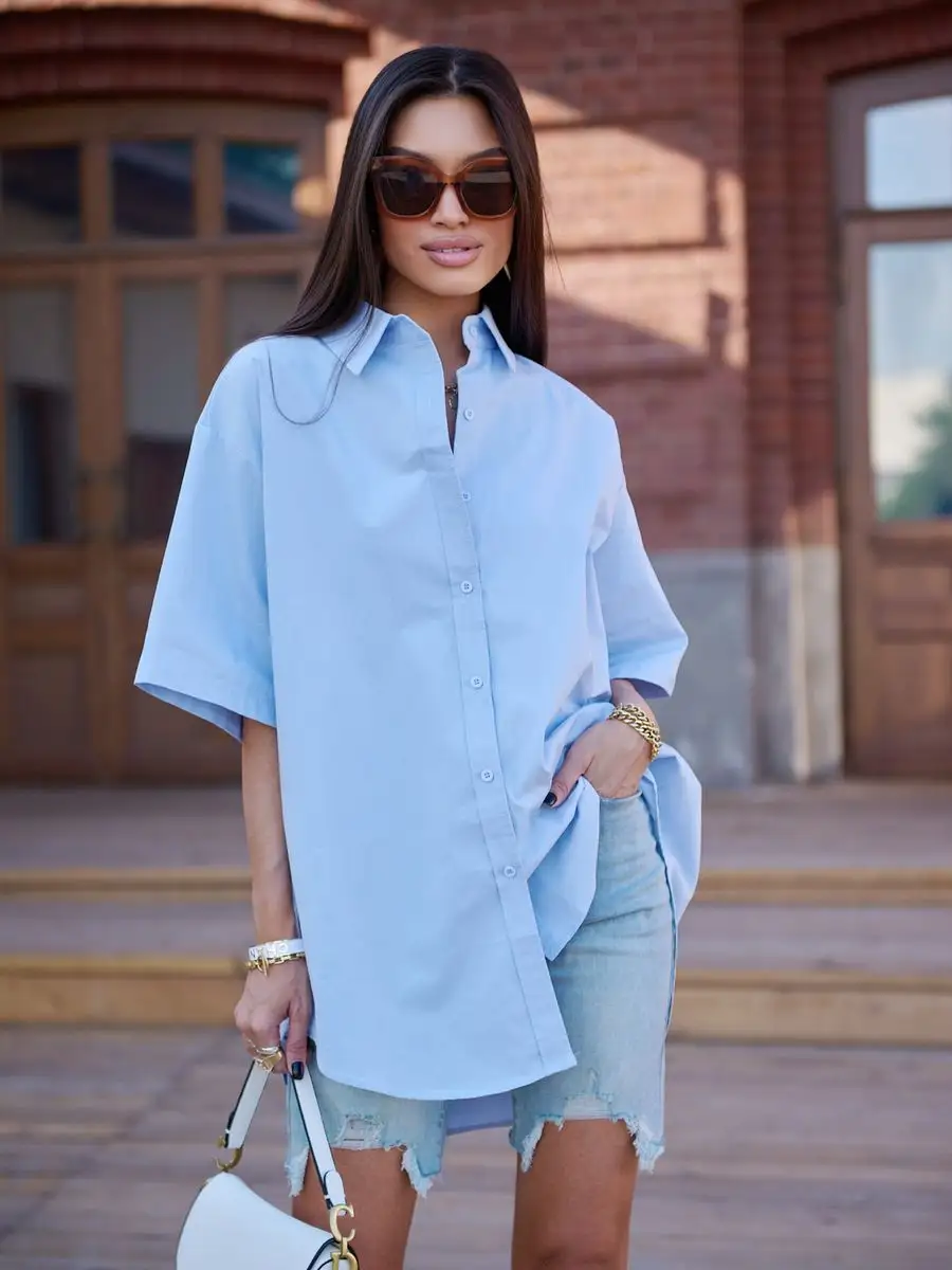 Голубино-синяя рубашка оверсайз удлиненная