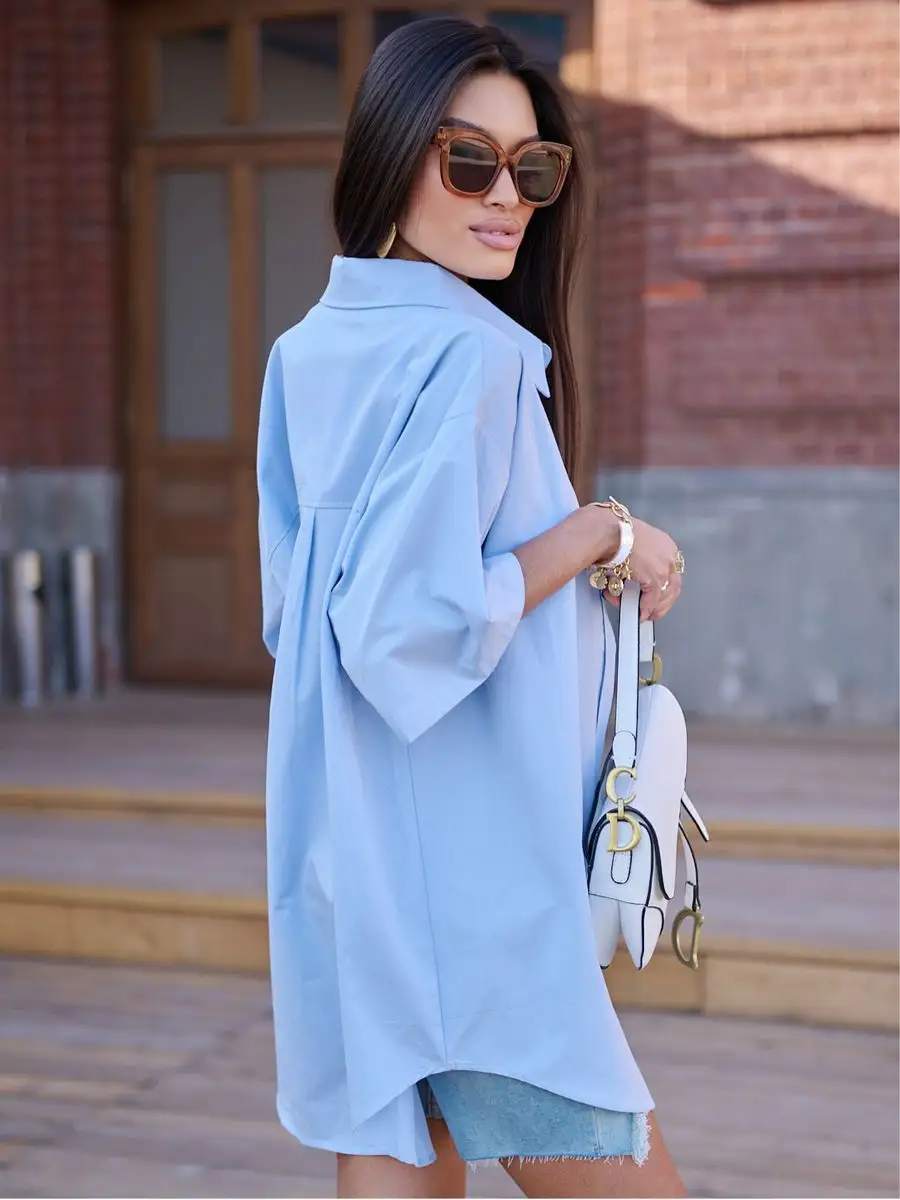 Голубино-синяя рубашка оверсайз удлиненная
