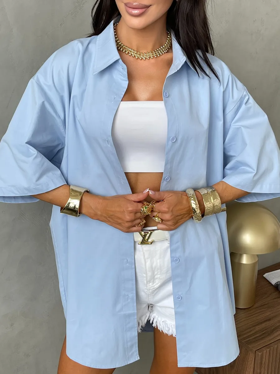 Голубино-синяя рубашка оверсайз удлиненная