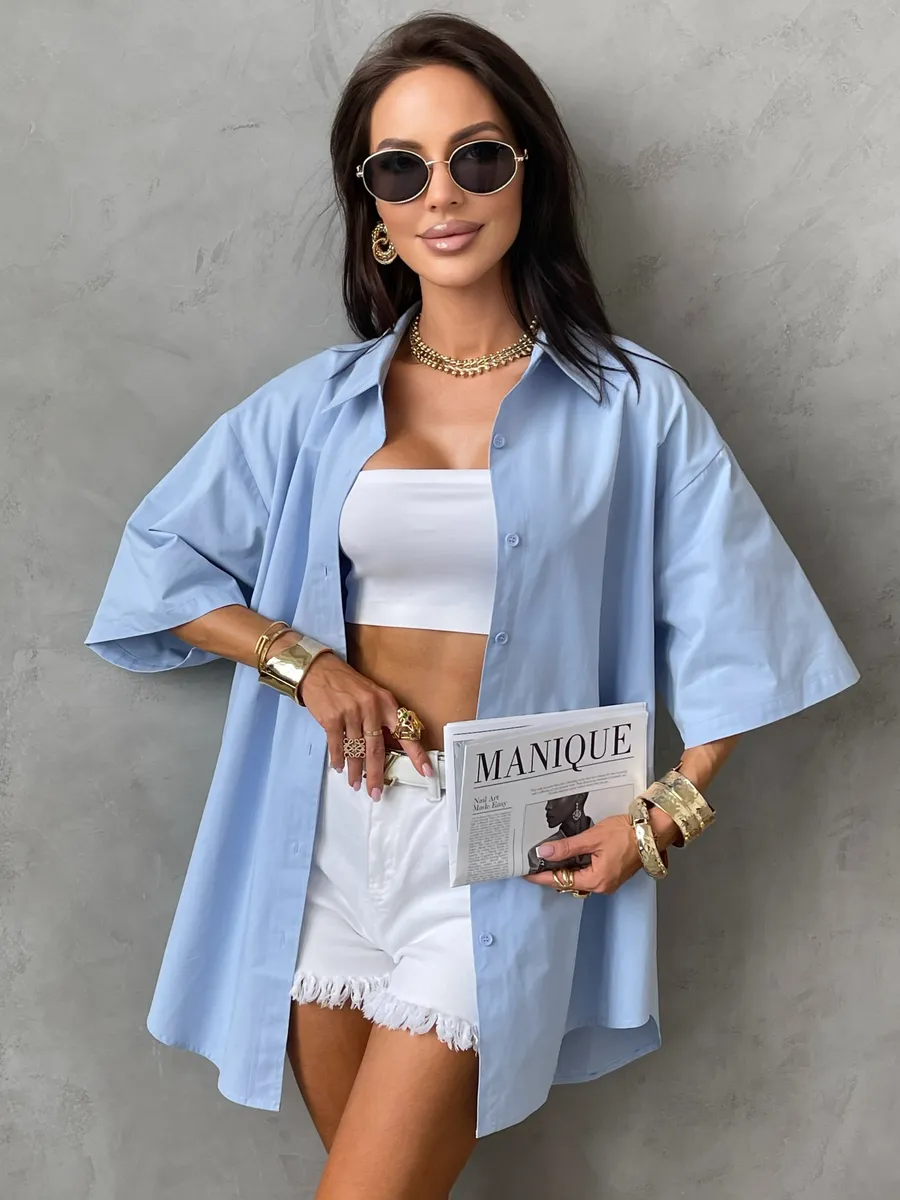 Голубино-синяя рубашка оверсайз удлиненная