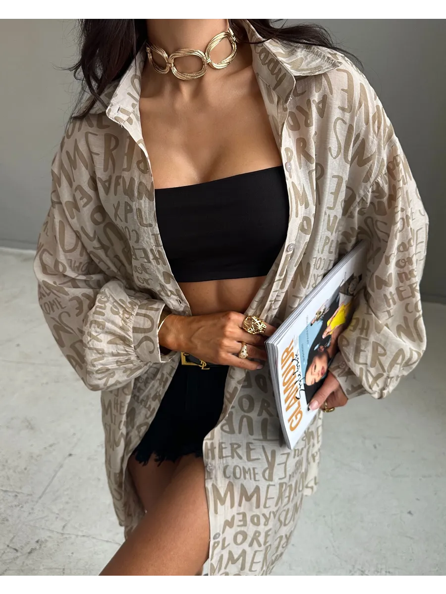 Бежевая рубашка летняя оверсайз