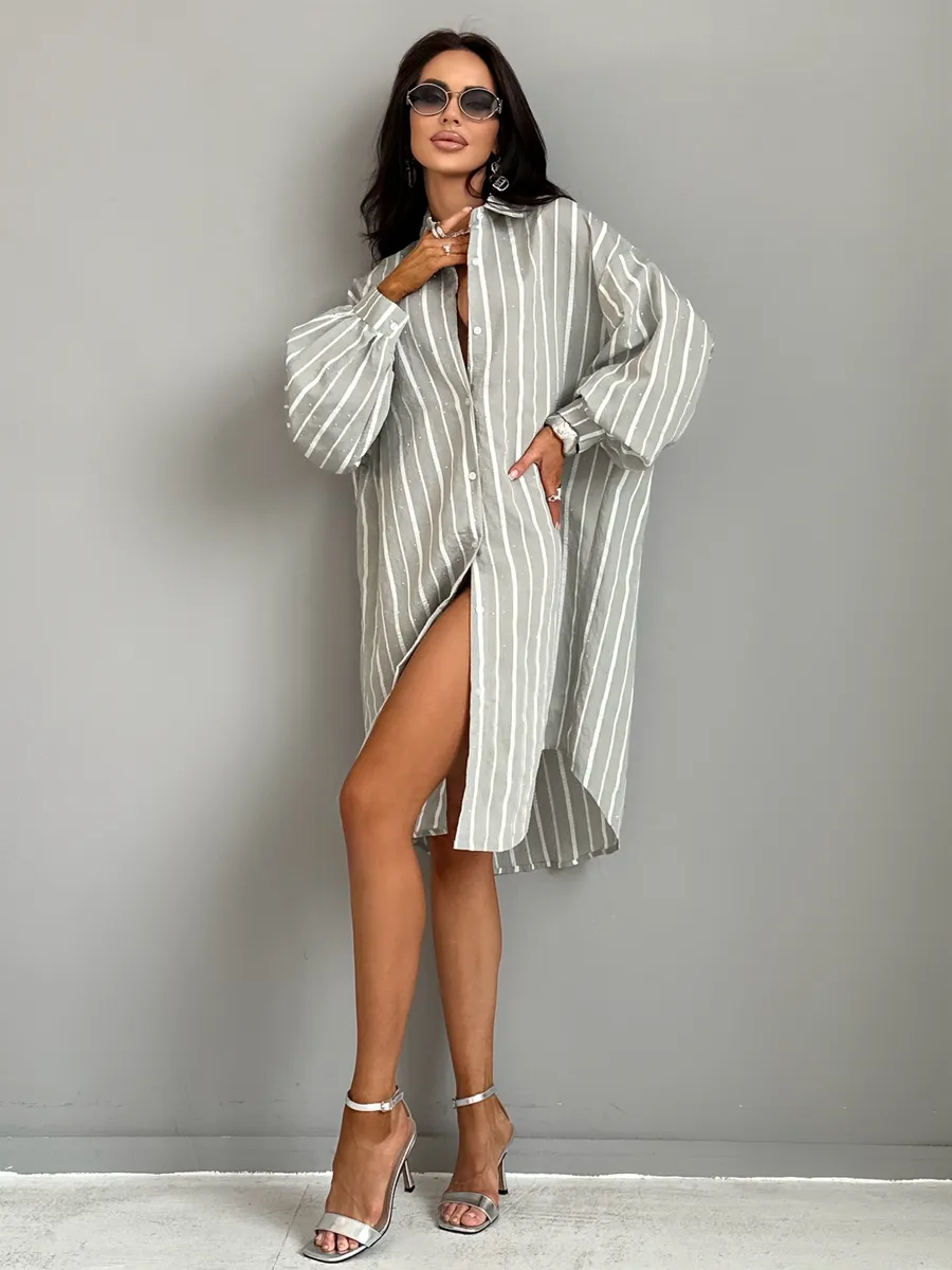 Хаки рубашка нарядная оверсайз