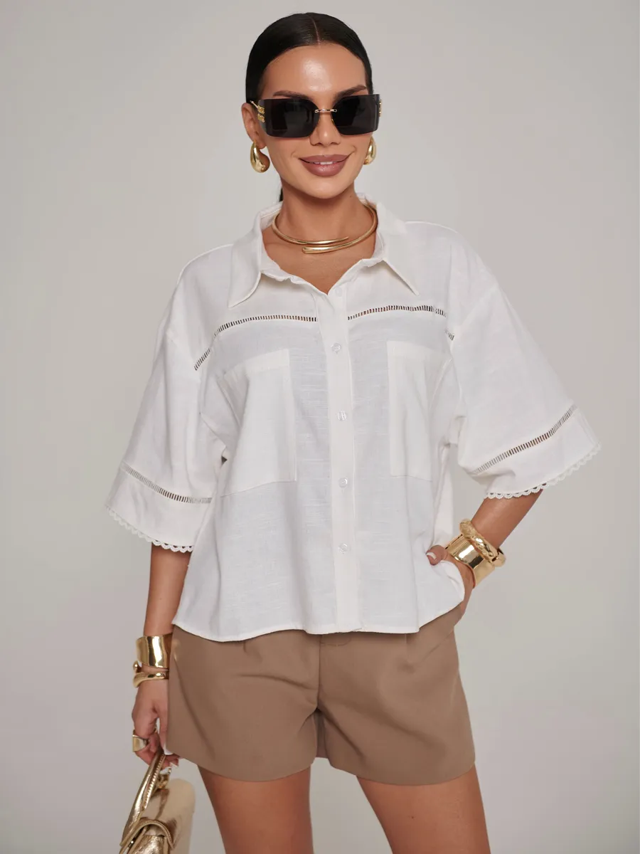 Белая рубашка оверсайз с коротким рукавом