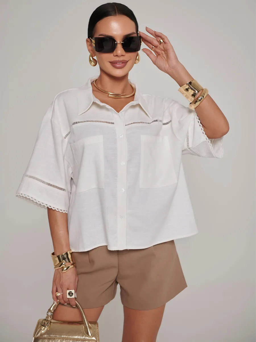 Белая рубашка оверсайз с коротким рукавом