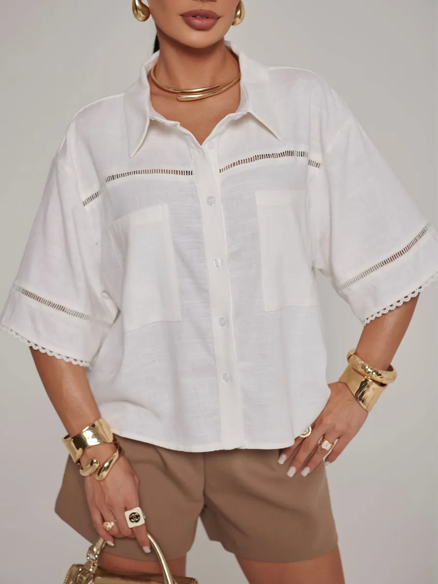 Белая рубашка оверсайз с коротким рукавом