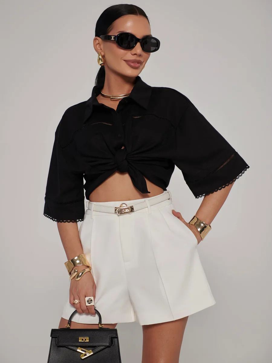 Черная рубашка оверсайз с коротким рукавом