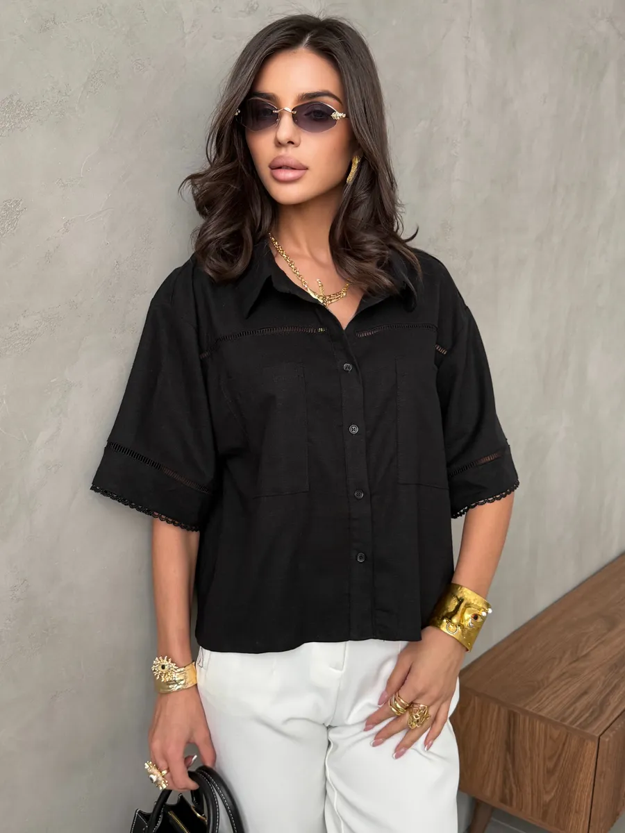 Черная рубашка оверсайз с коротким рукавом