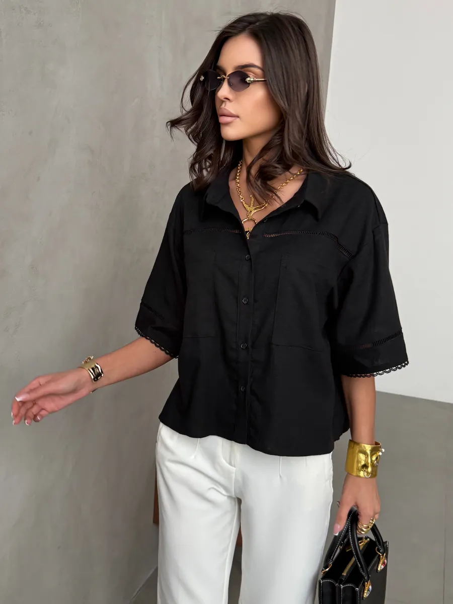 Черная рубашка оверсайз с коротким рукавом
