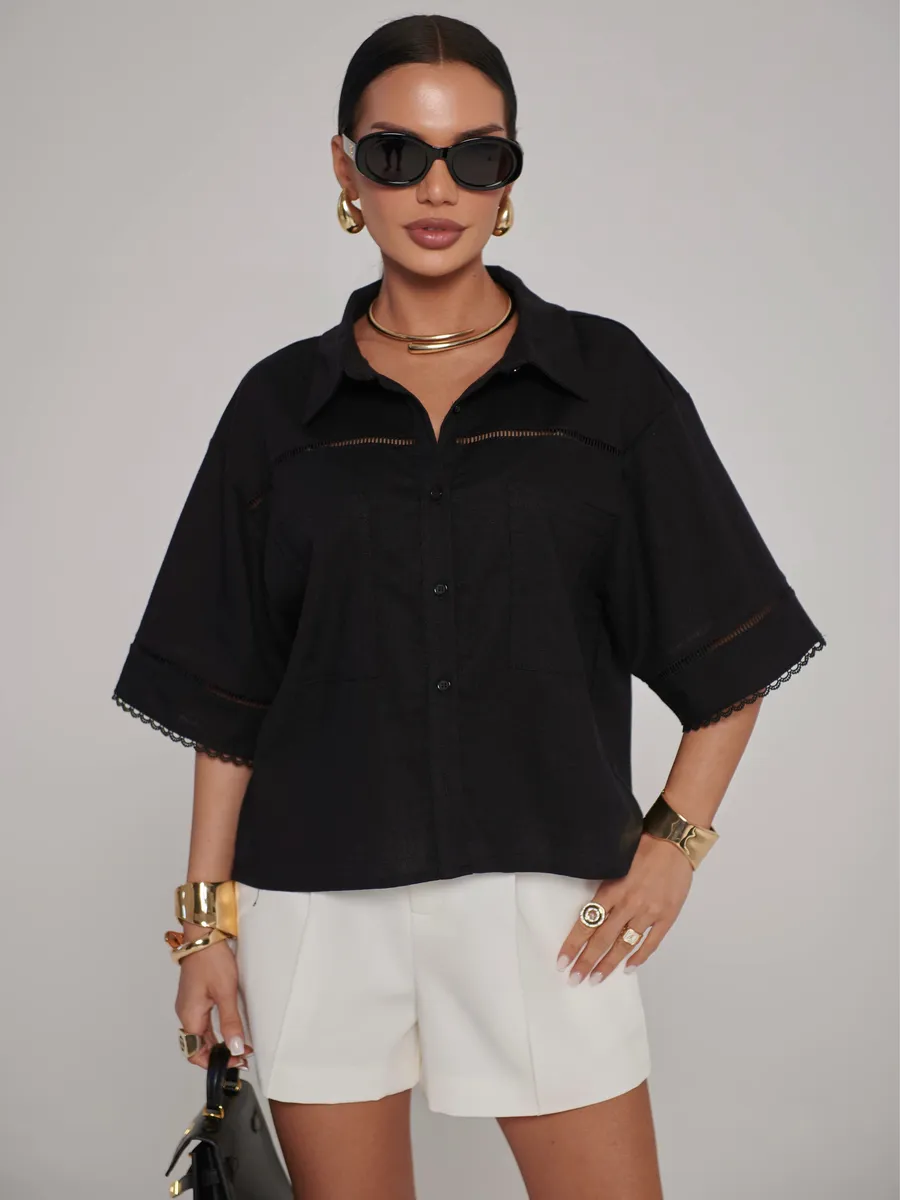 Черная рубашка оверсайз с коротким рукавом