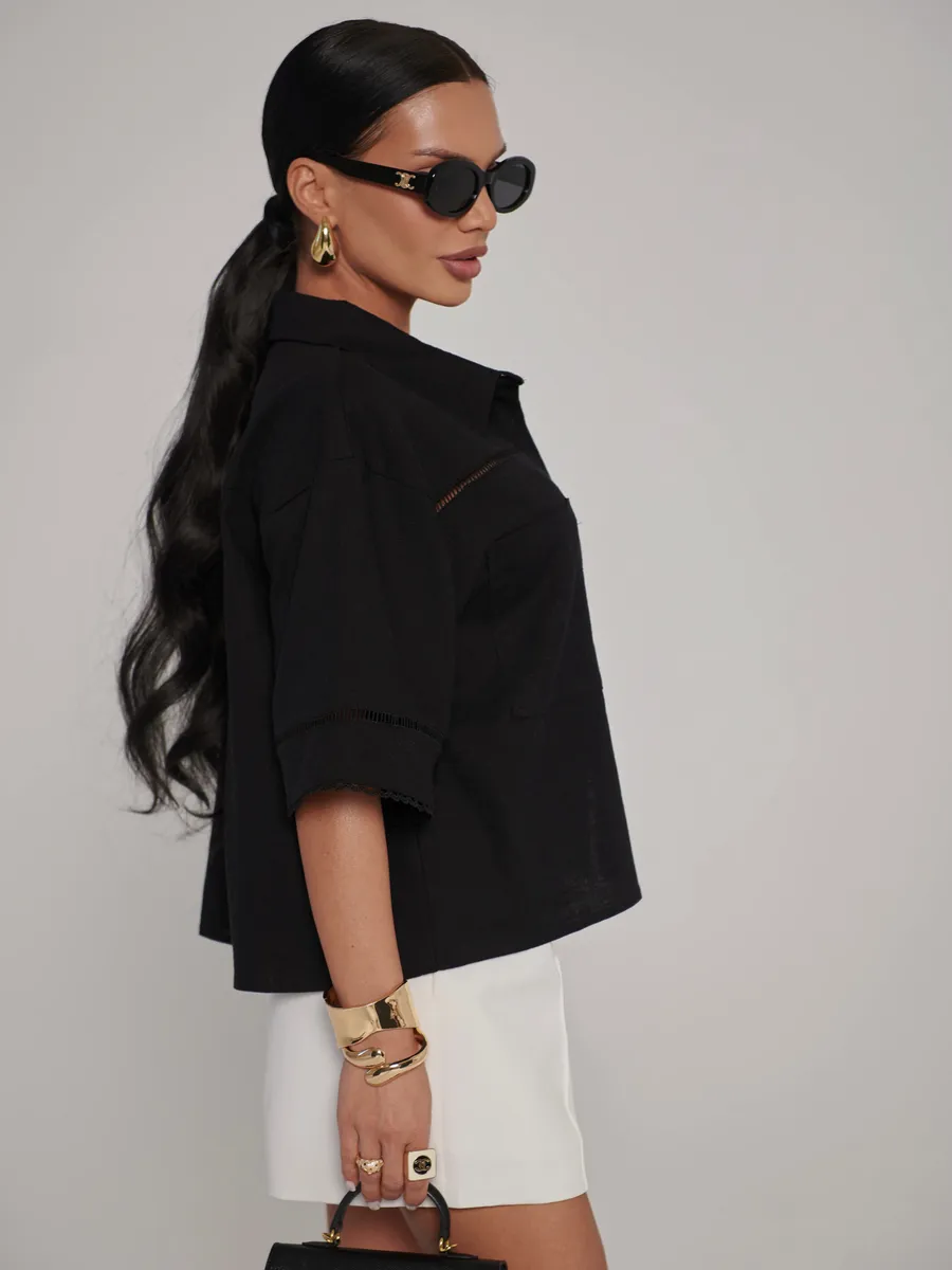 Черная рубашка оверсайз с коротким рукавом