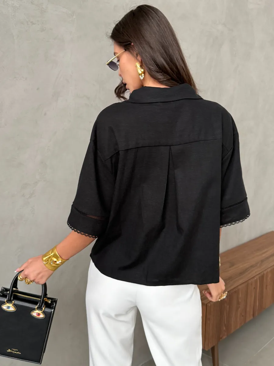 Черная рубашка оверсайз с коротким рукавом