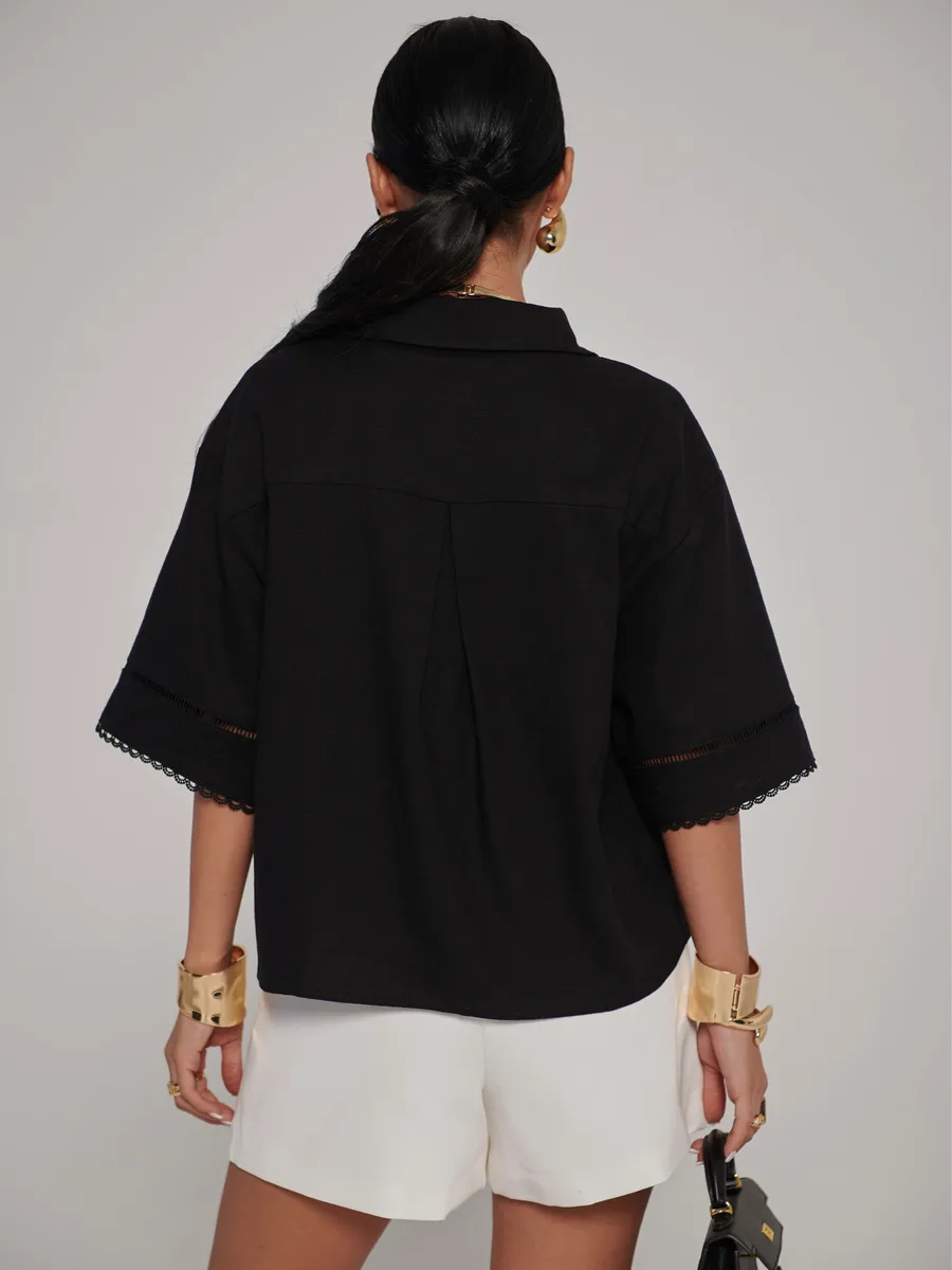 Черная рубашка оверсайз с коротким рукавом