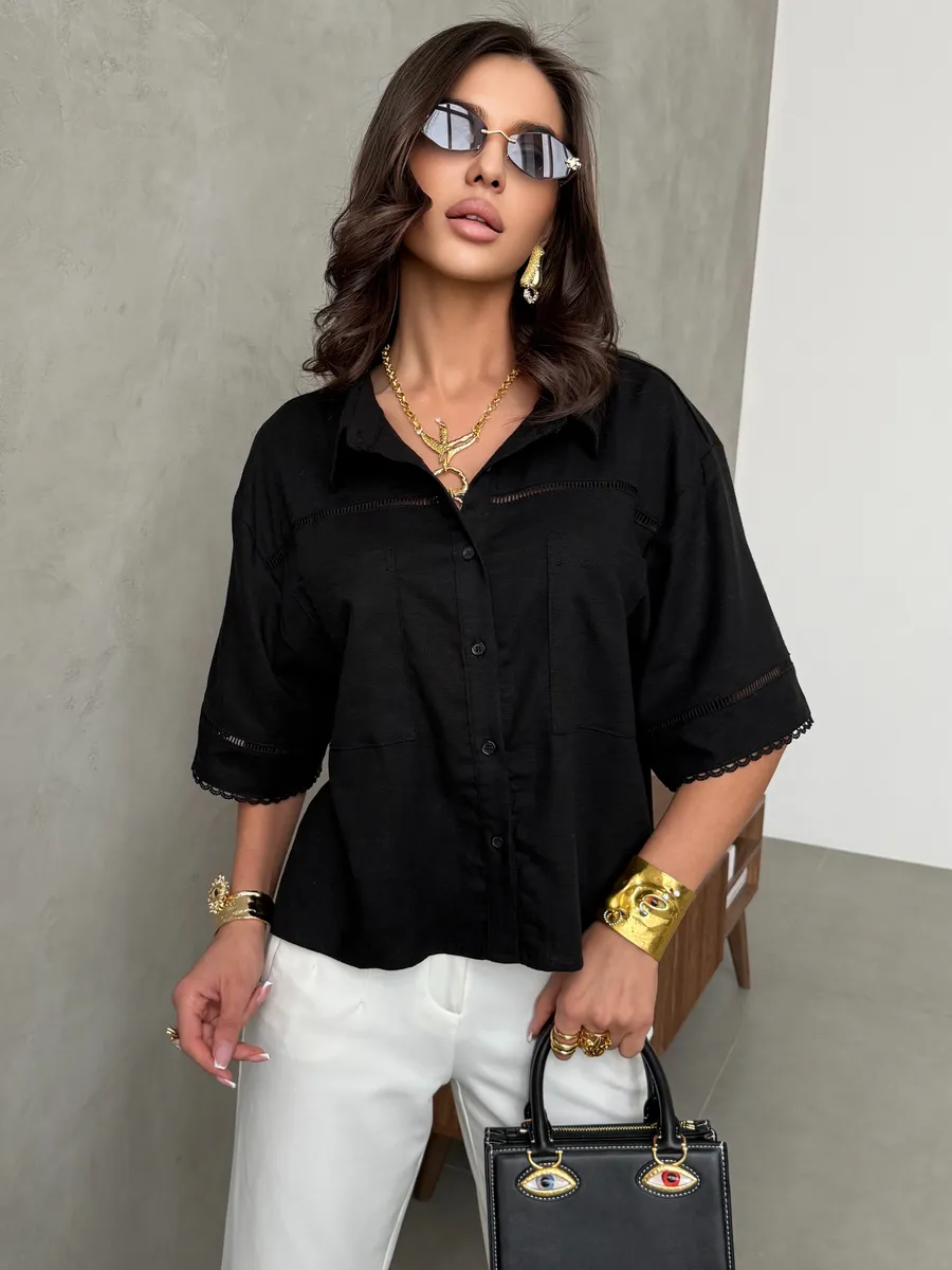 Черная рубашка оверсайз с коротким рукавом