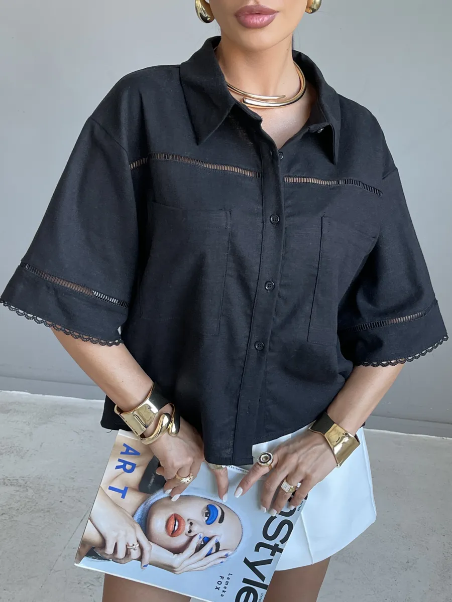 Черная рубашка оверсайз с коротким рукавом