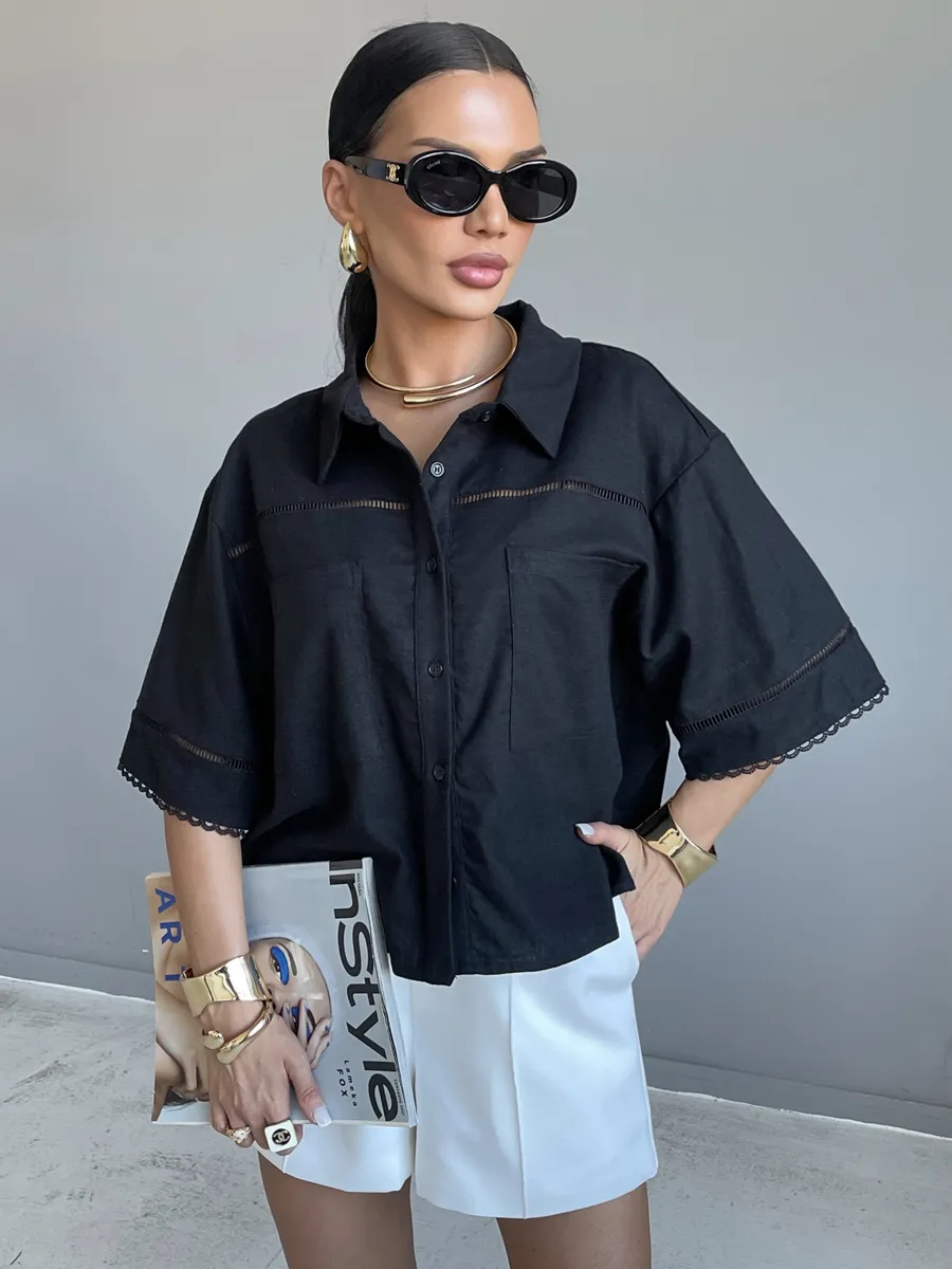 Черная рубашка оверсайз с коротким рукавом