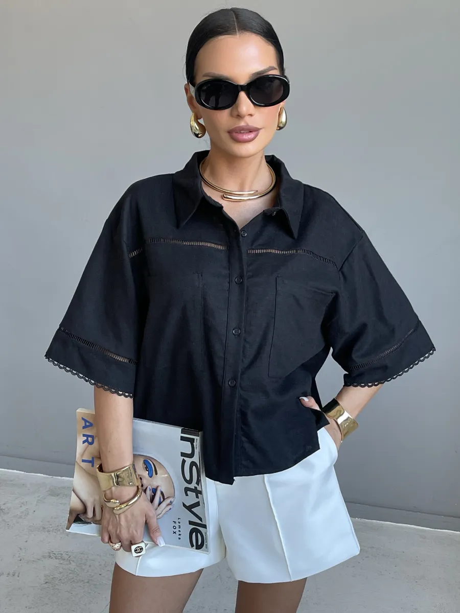 Черная рубашка оверсайз с коротким рукавом