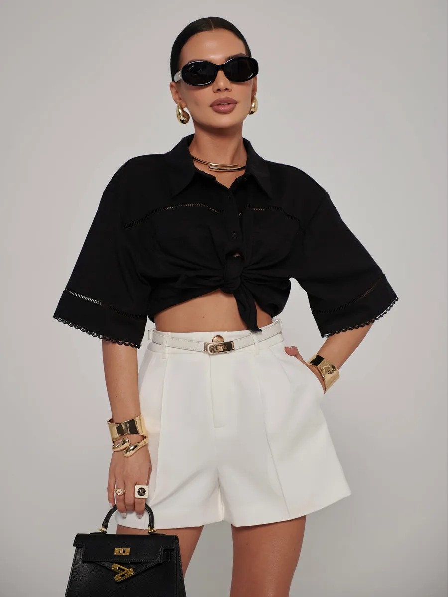 Черная рубашка оверсайз с коротким рукавом