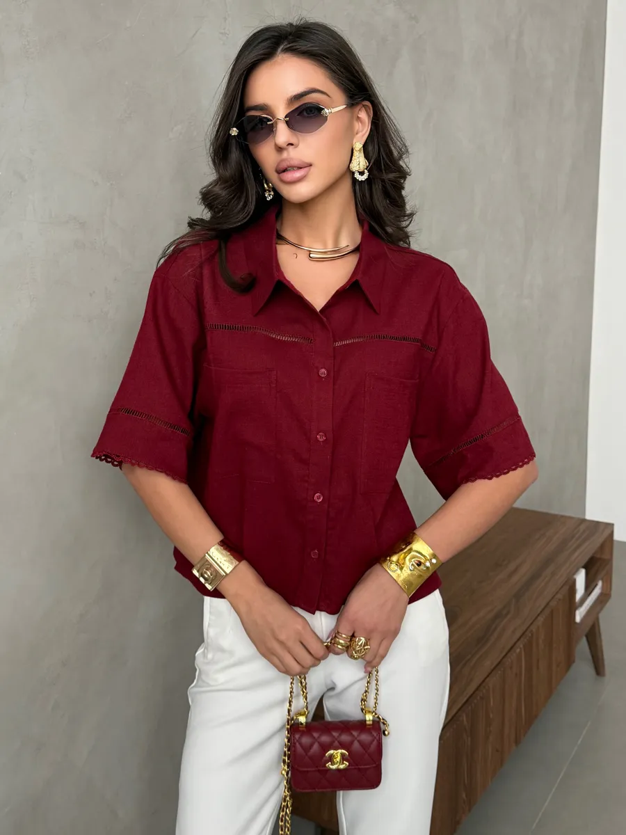 Бордовая рубашка оверсайз с коротким рукавом