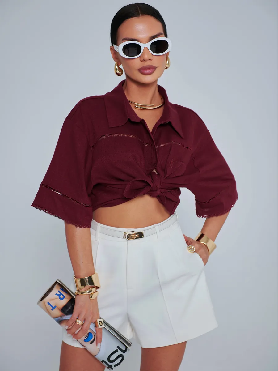 Бордовая рубашка оверсайз с коротким рукавом