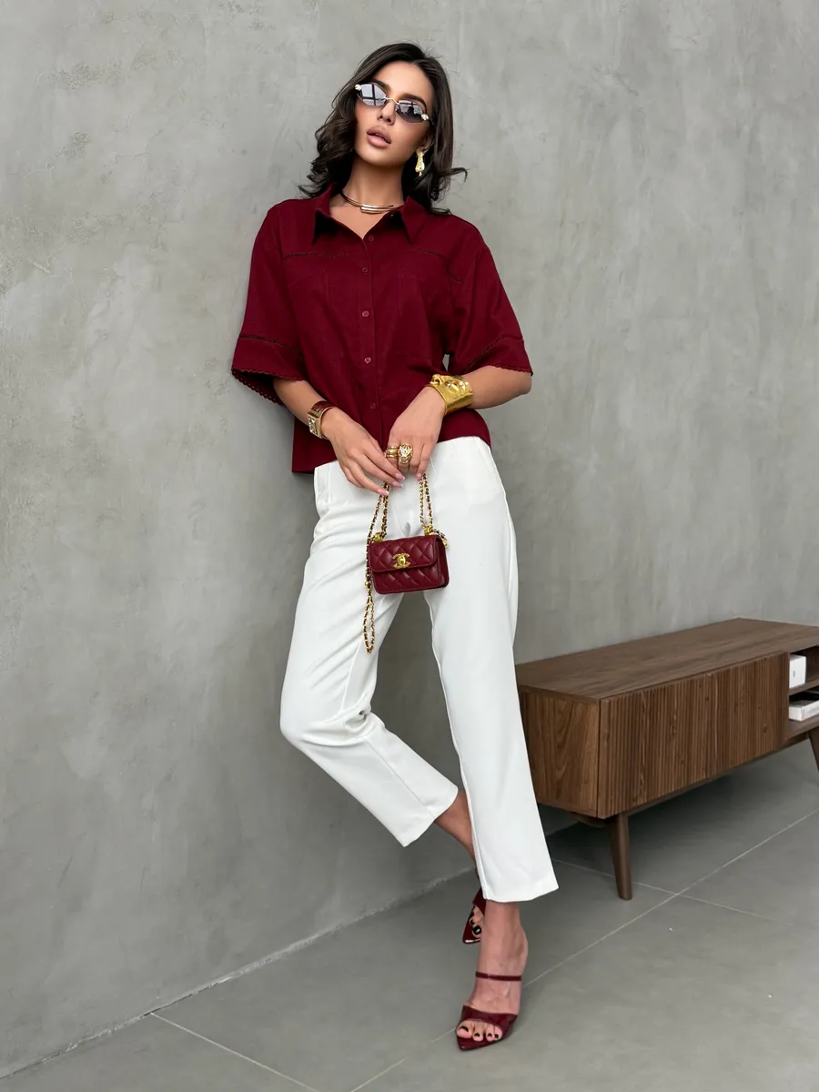 Бордовая рубашка оверсайз с коротким рукавом