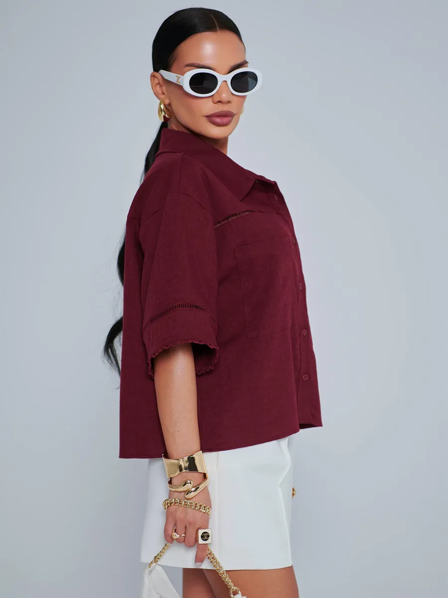Бордовая рубашка оверсайз с коротким рукавом