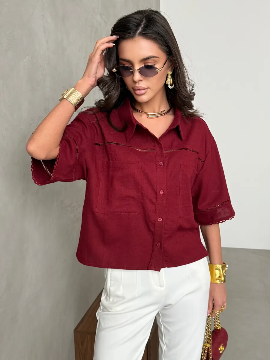 Бордовая рубашка оверсайз с коротким рукавом