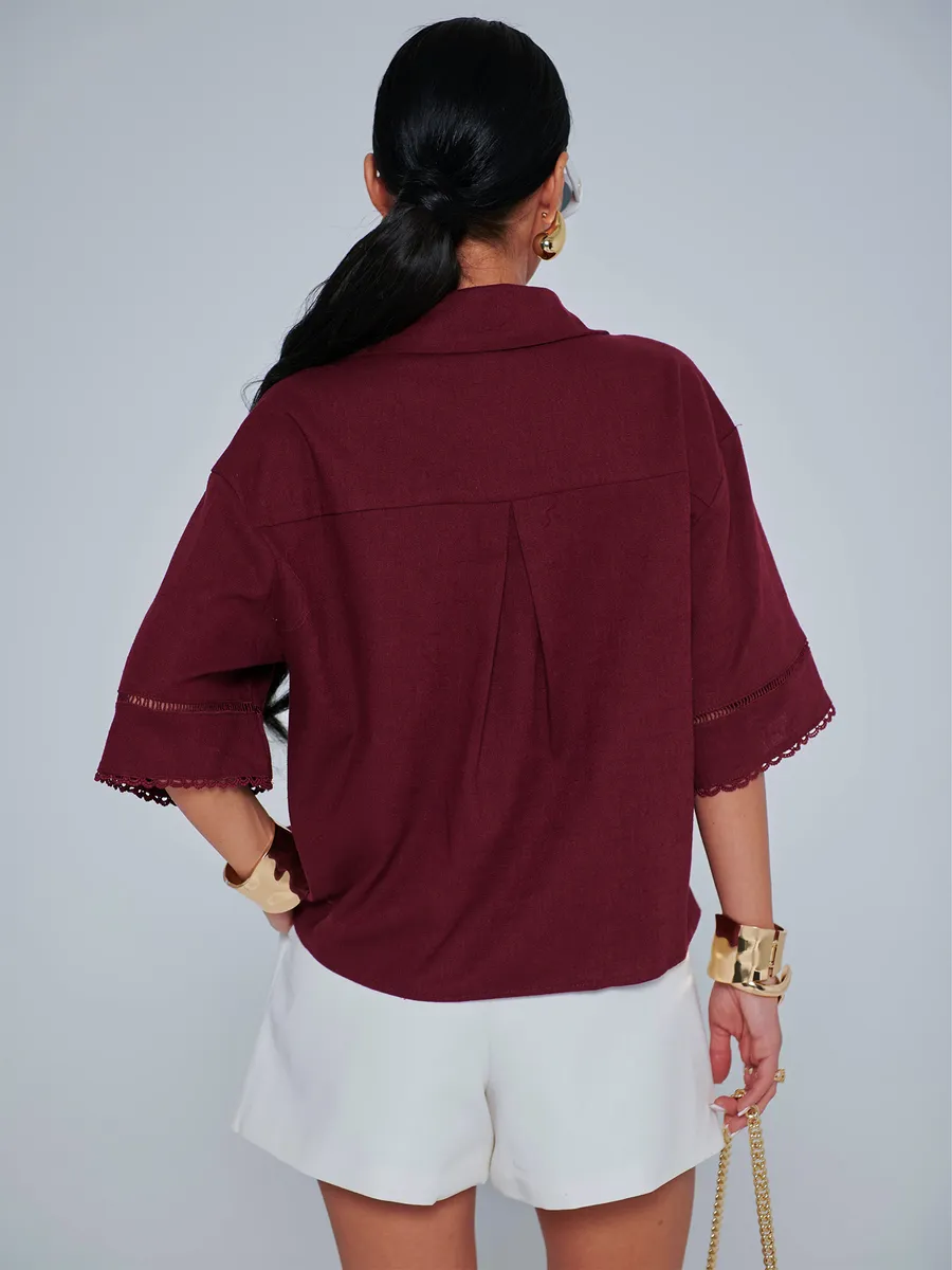 Бордовая рубашка оверсайз с коротким рукавом