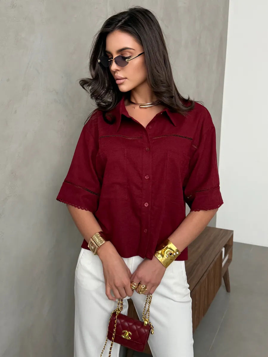 Бордовая рубашка оверсайз с коротким рукавом