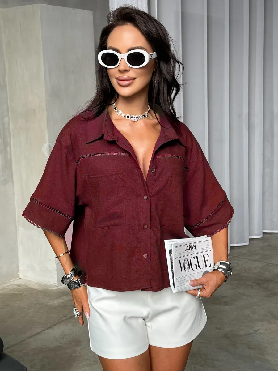 Бордовая рубашка оверсайз с коротким рукавом
