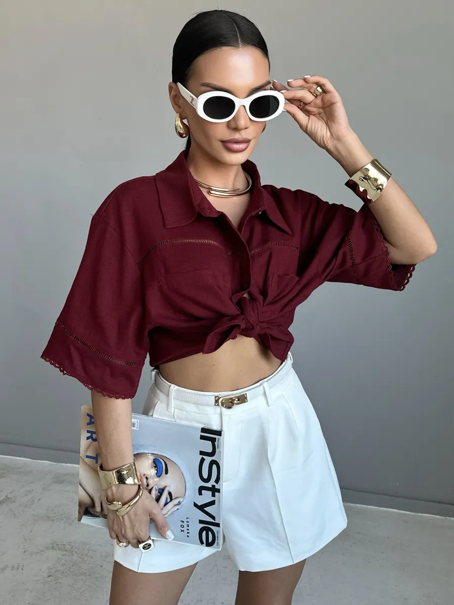 Бордовая рубашка оверсайз с коротким рукавом