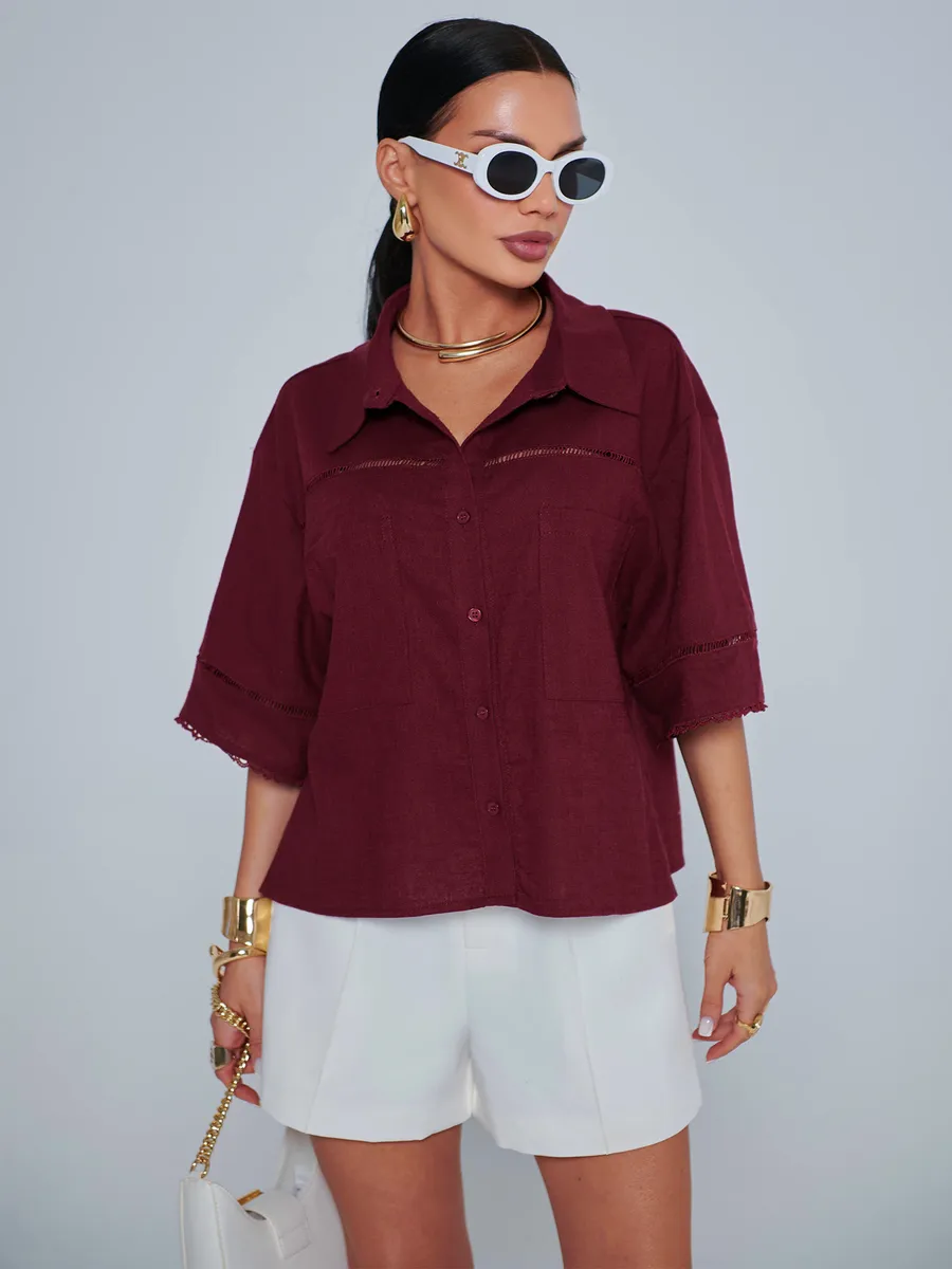 Бордовая рубашка оверсайз с коротким рукавом