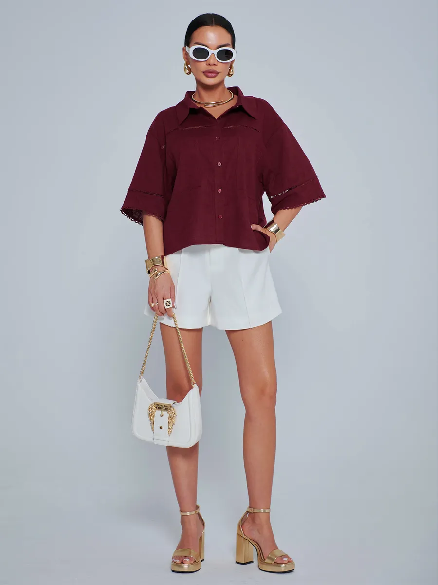 Бордовая рубашка оверсайз с коротким рукавом