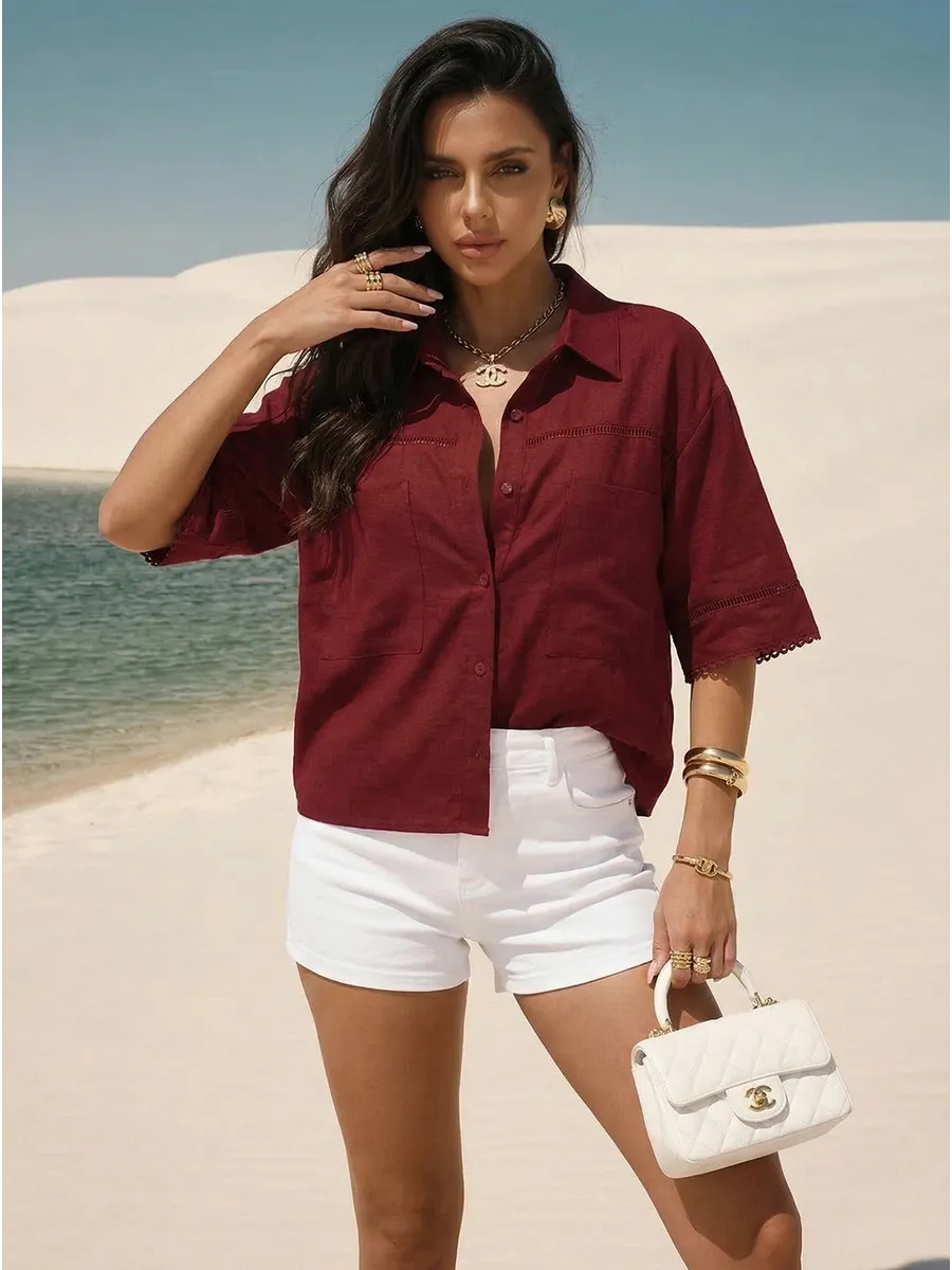 Бордовая рубашка оверсайз с коротким рукавом