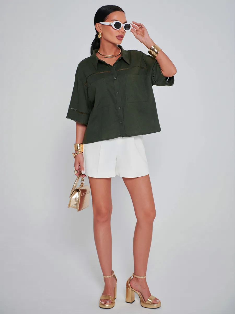 Хаки рубашка оверсайз с коротким рукавом