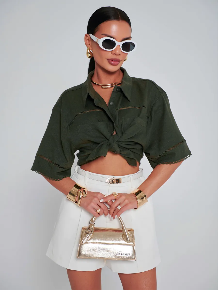 Хаки рубашка оверсайз с коротким рукавом