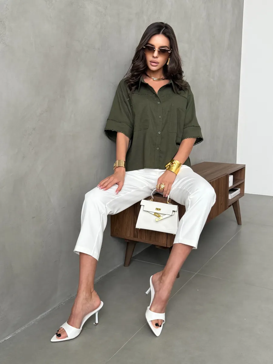 Хаки рубашка оверсайз с коротким рукавом