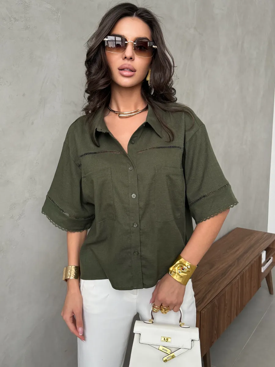Хаки рубашка оверсайз с коротким рукавом
