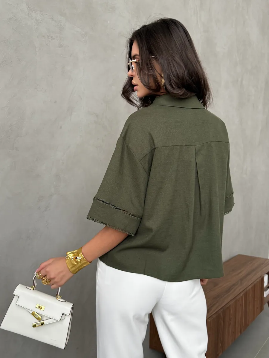 Хаки рубашка оверсайз с коротким рукавом