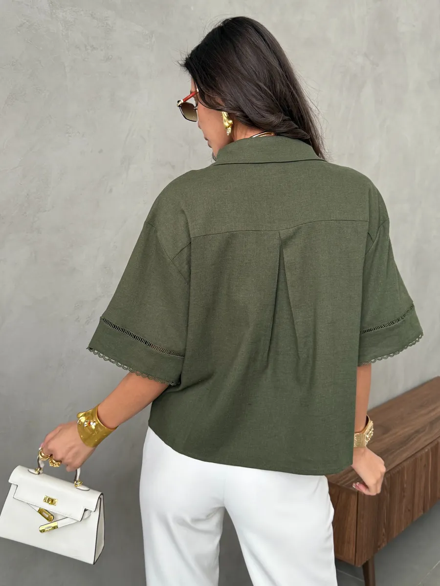 Хаки рубашка оверсайз с коротким рукавом