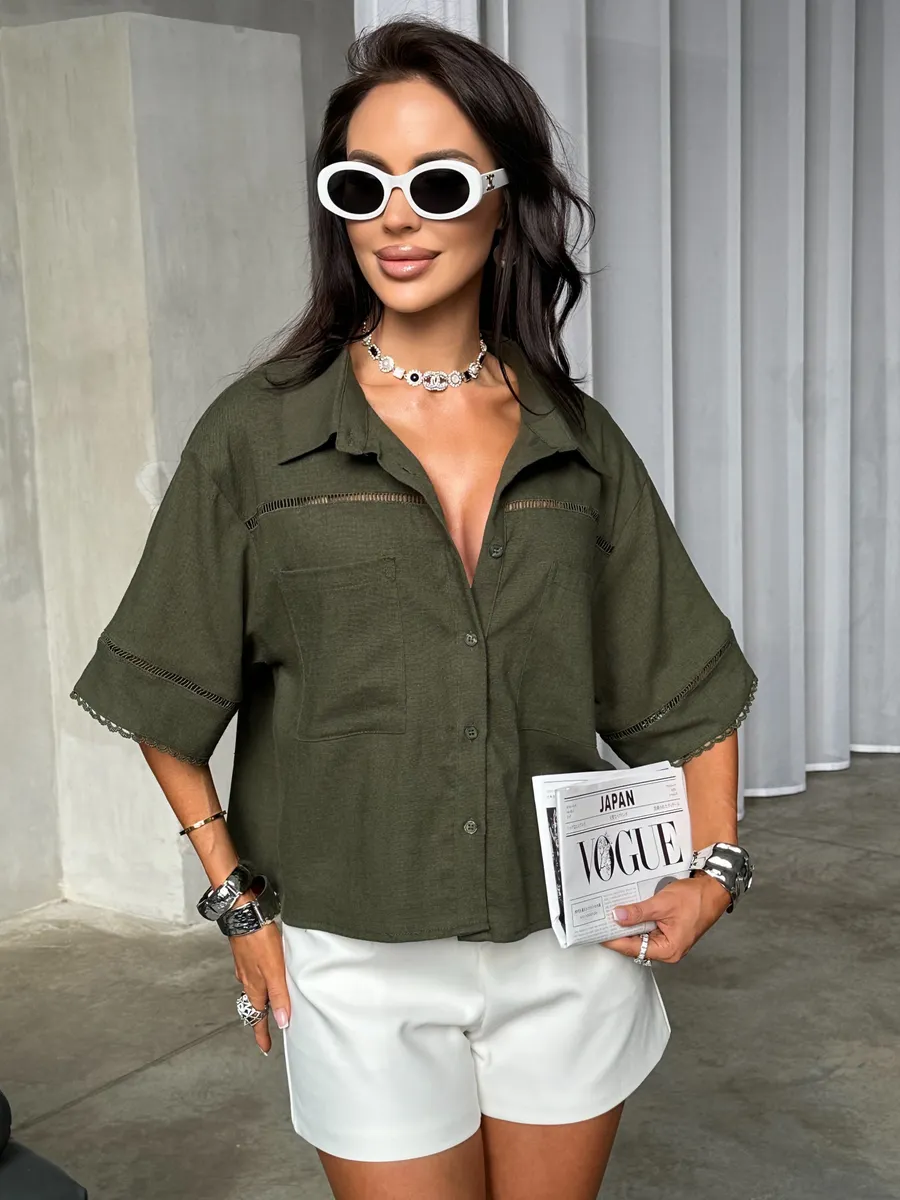 Хаки рубашка оверсайз с коротким рукавом