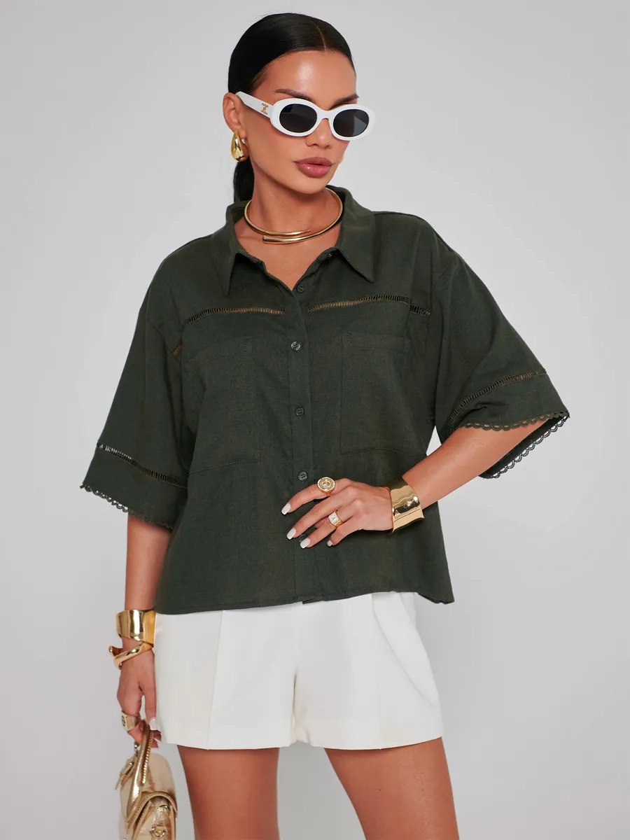 Хаки рубашка оверсайз с коротким рукавом
