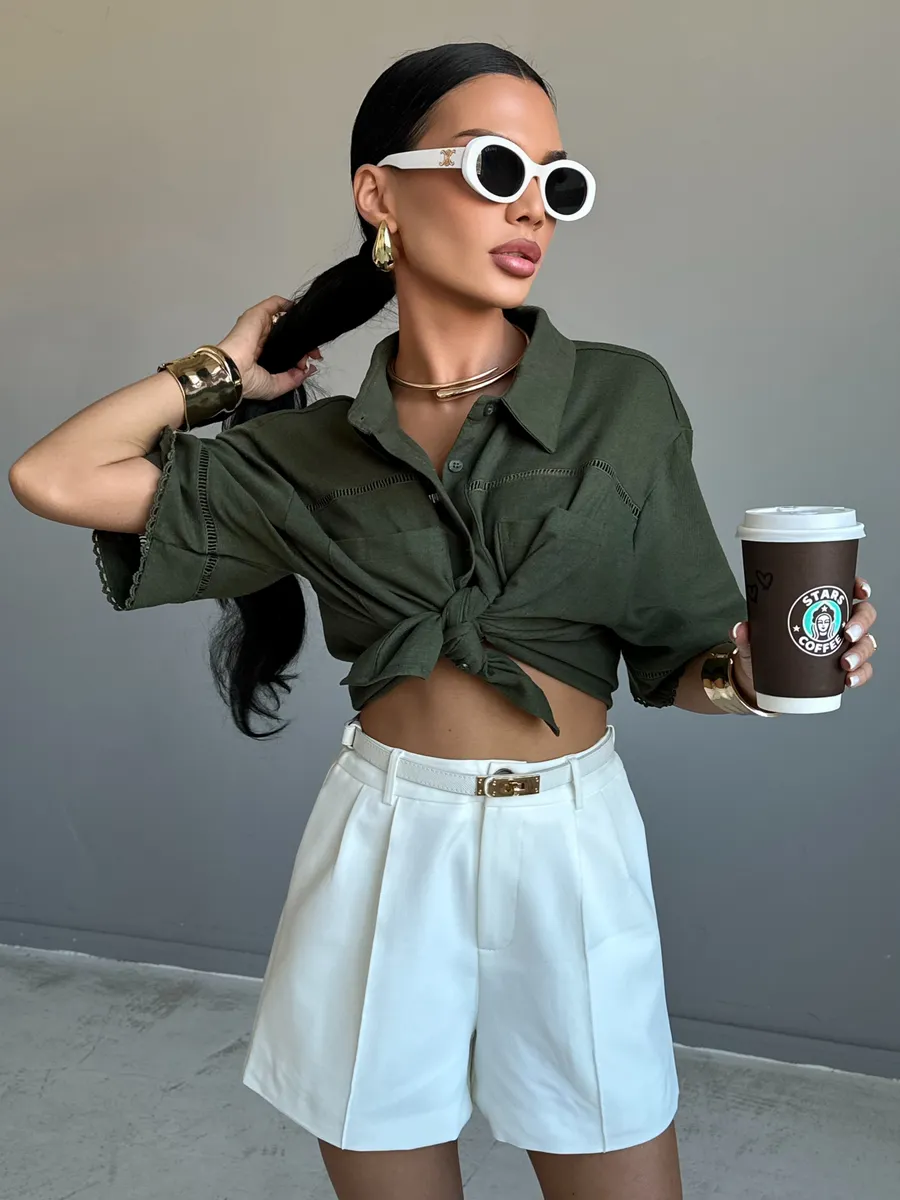 Хаки рубашка оверсайз с коротким рукавом