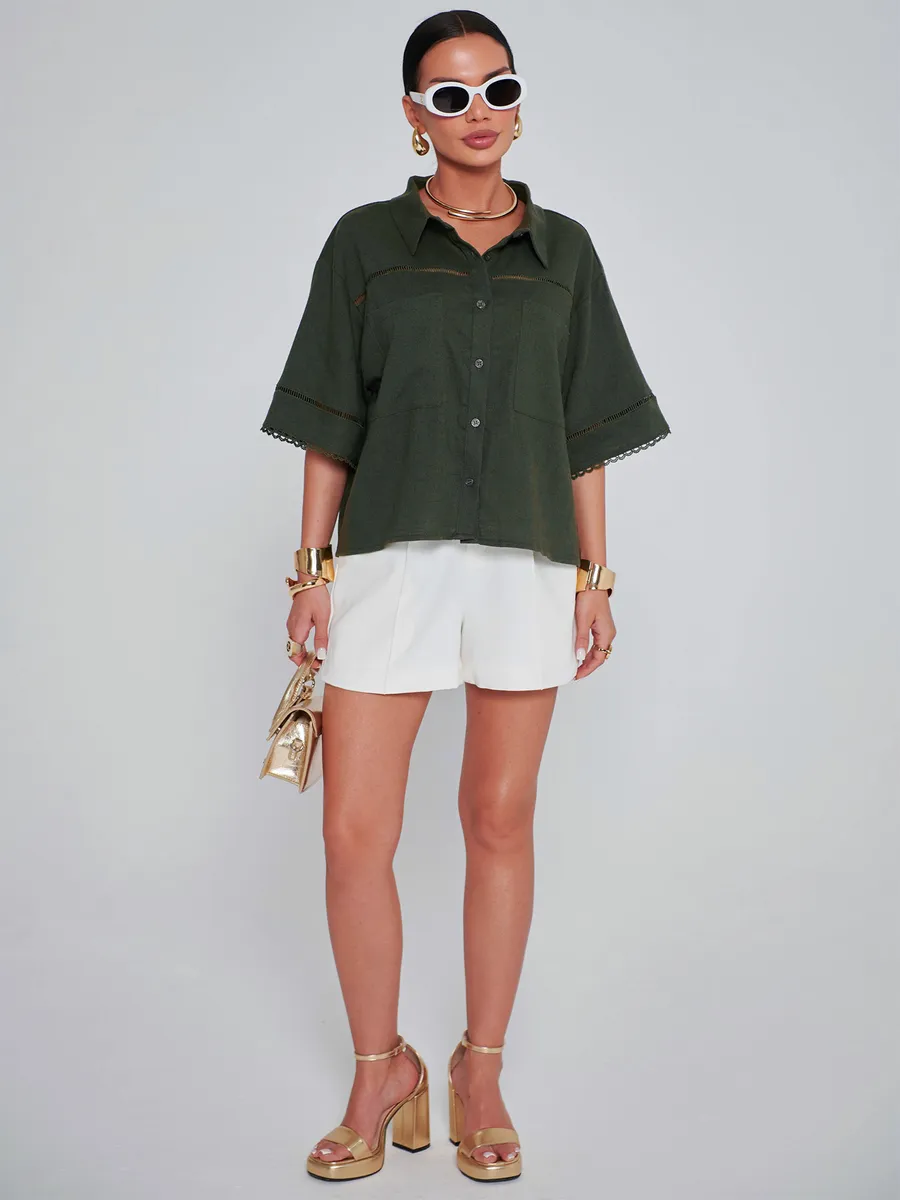 Хаки рубашка оверсайз с коротким рукавом