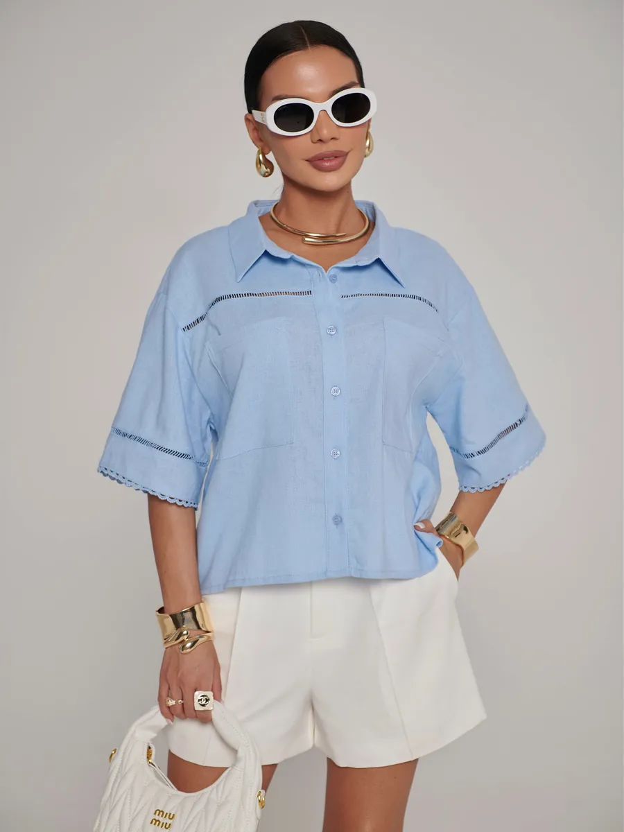 Голубая рубашка оверсайз с коротким рукавом