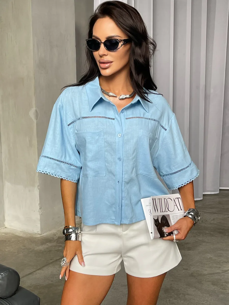 Голубая рубашка оверсайз с коротким рукавом