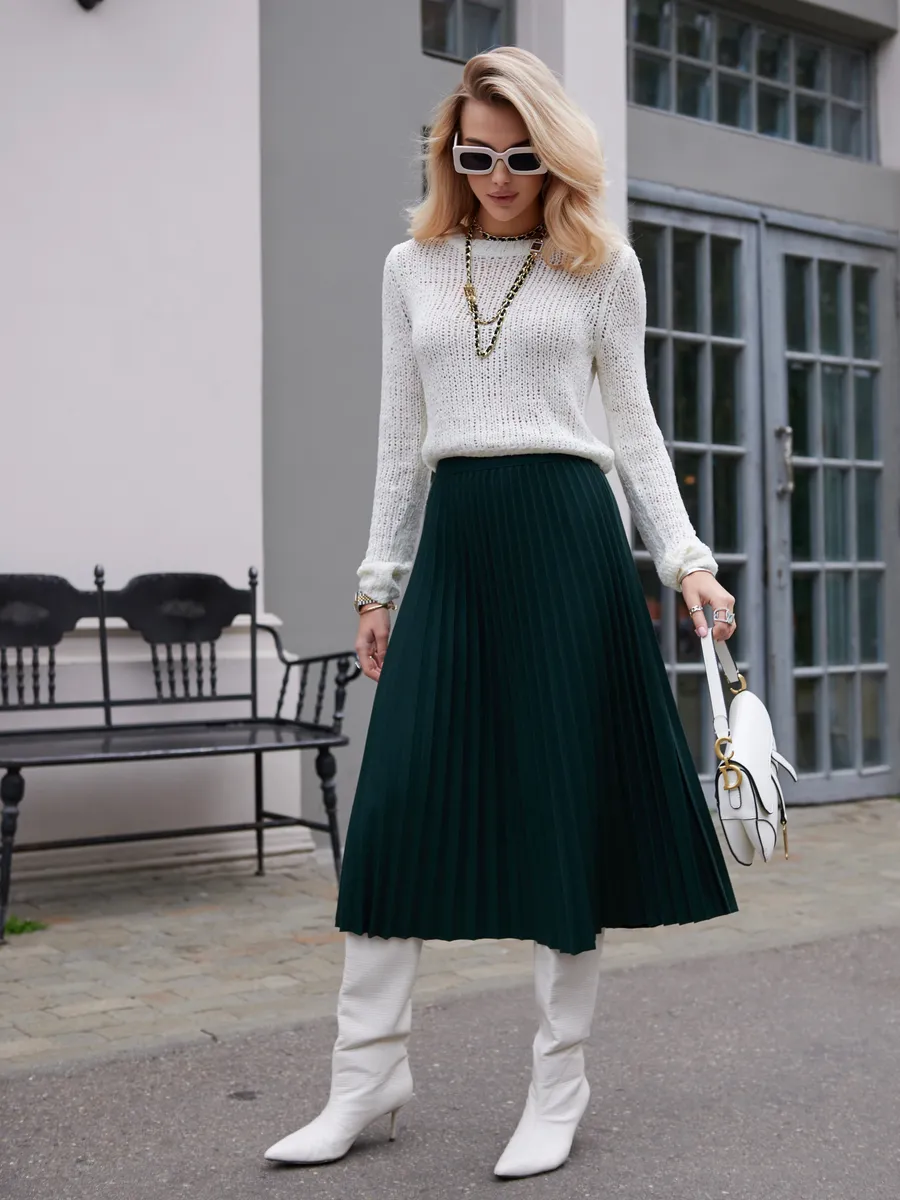 Зеленая юбка миди теплая