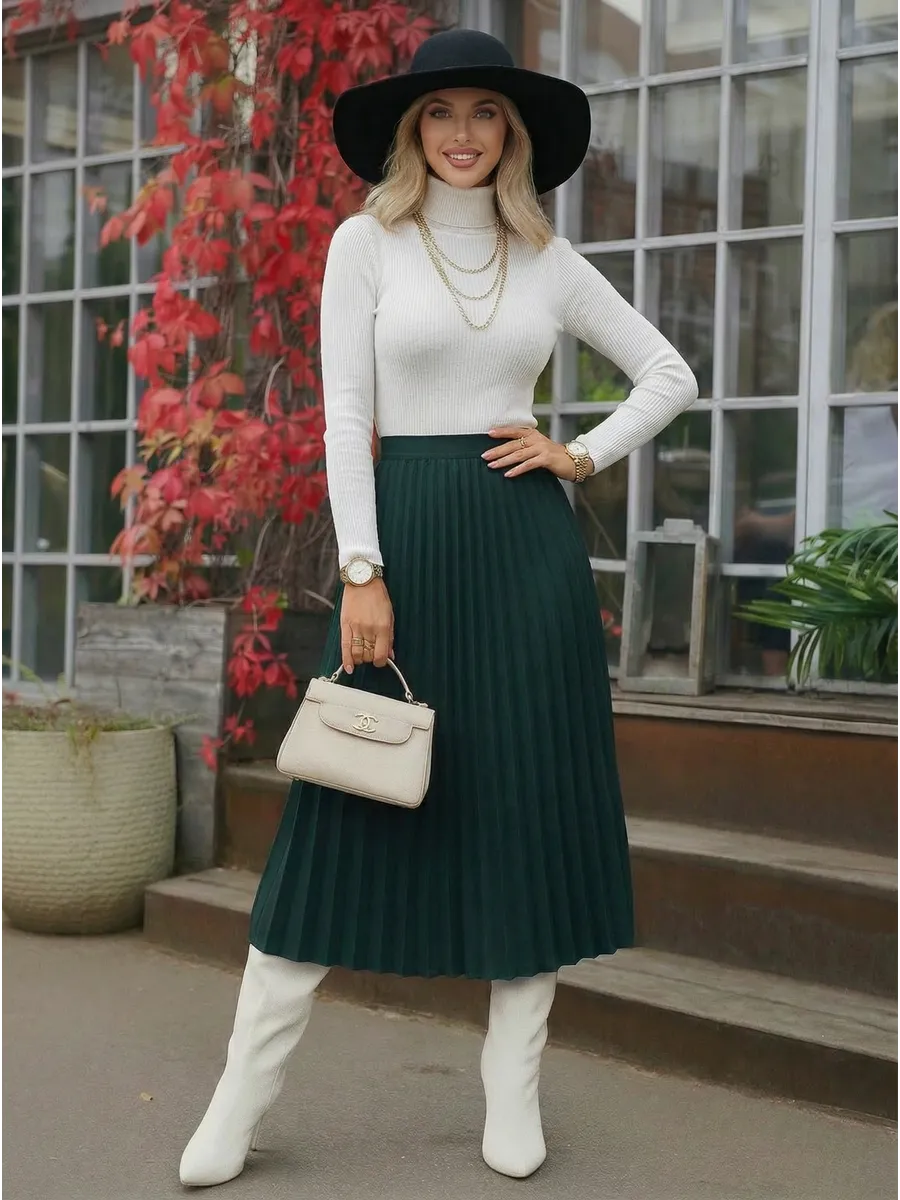 Зеленая юбка миди теплая