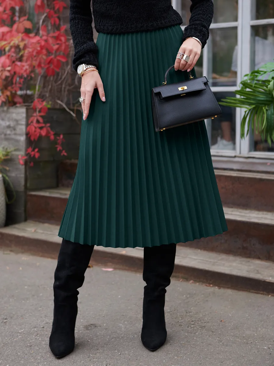 Зеленая юбка миди теплая